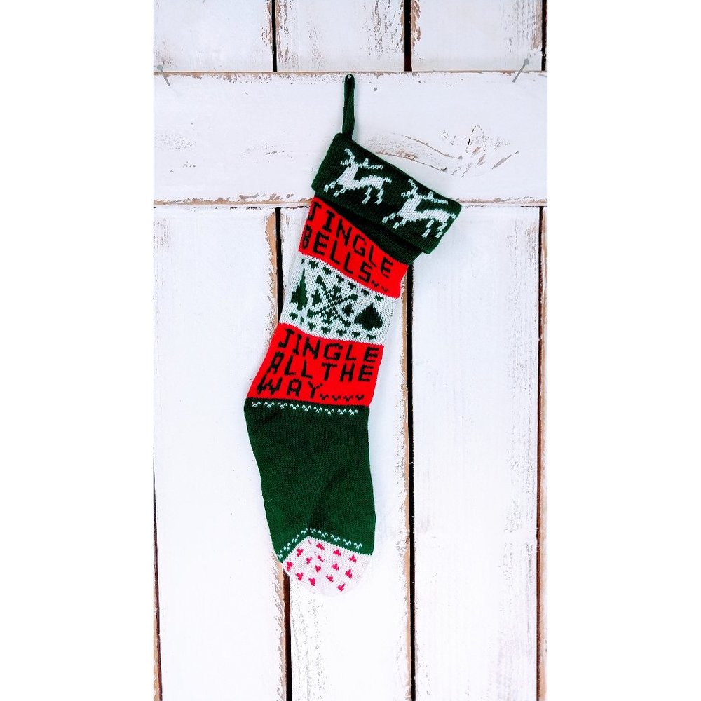Vintage jingle bells woven knit Christmas stocking